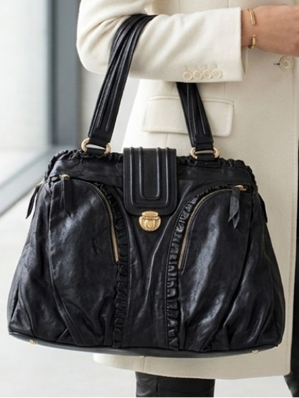 Treesje Black Divino Treesje Divino Grande Satchel Leather Shoulder Bag